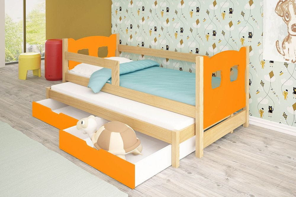 Veneti Detská posteľ s prístelkou KALA 1 - 75x180, borovica / oranžová